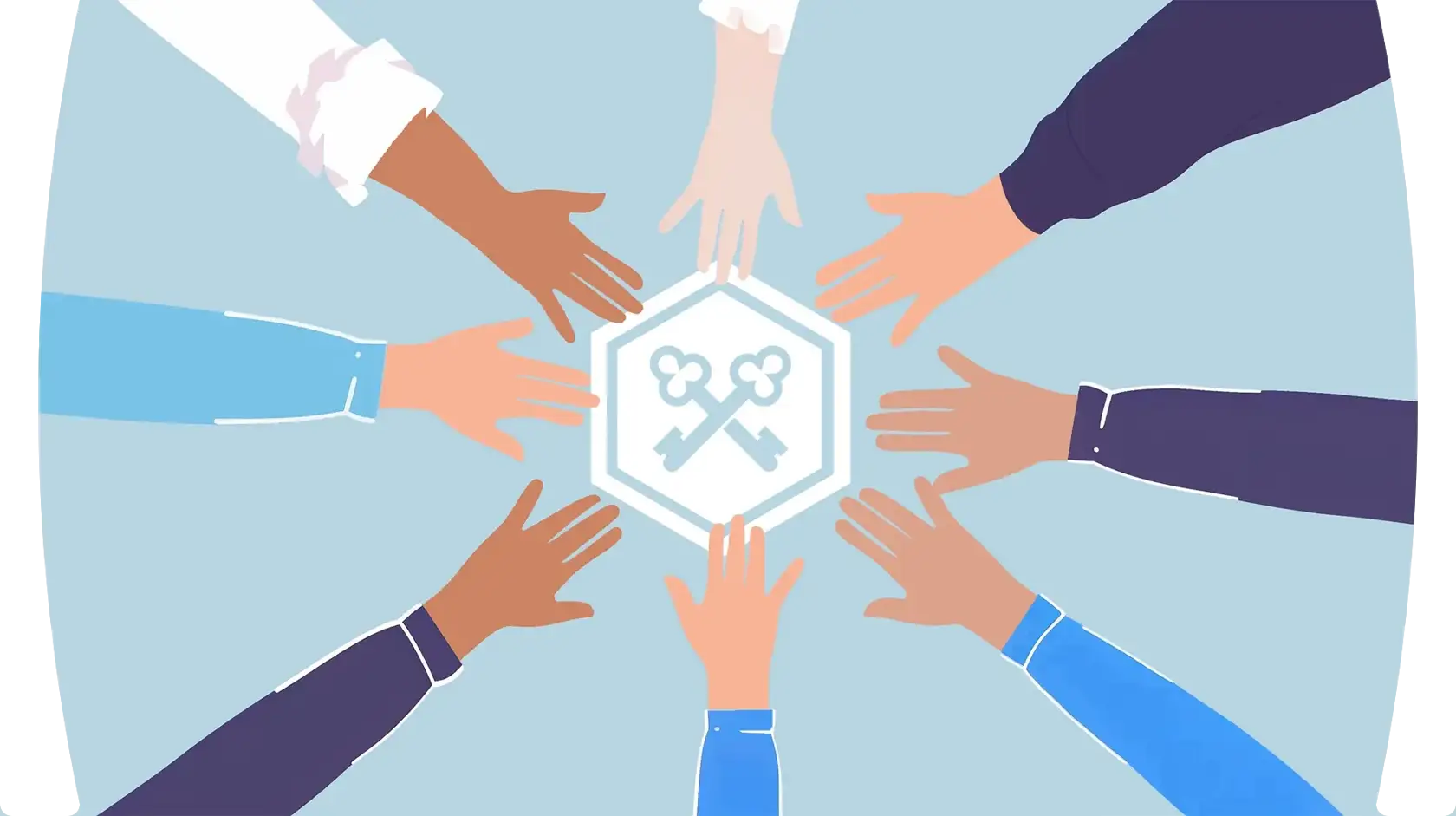 Illustration of eight hands spread out towards the middle and Tontine Trust logo in the middle against light grey background