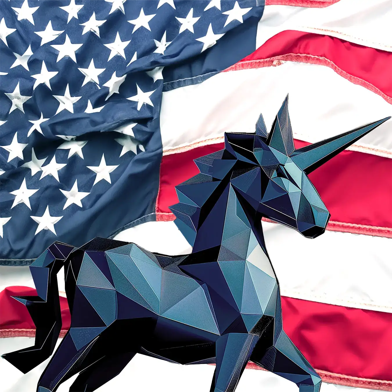 Image of a unicorn made out of polygons against waving national flag of the United States