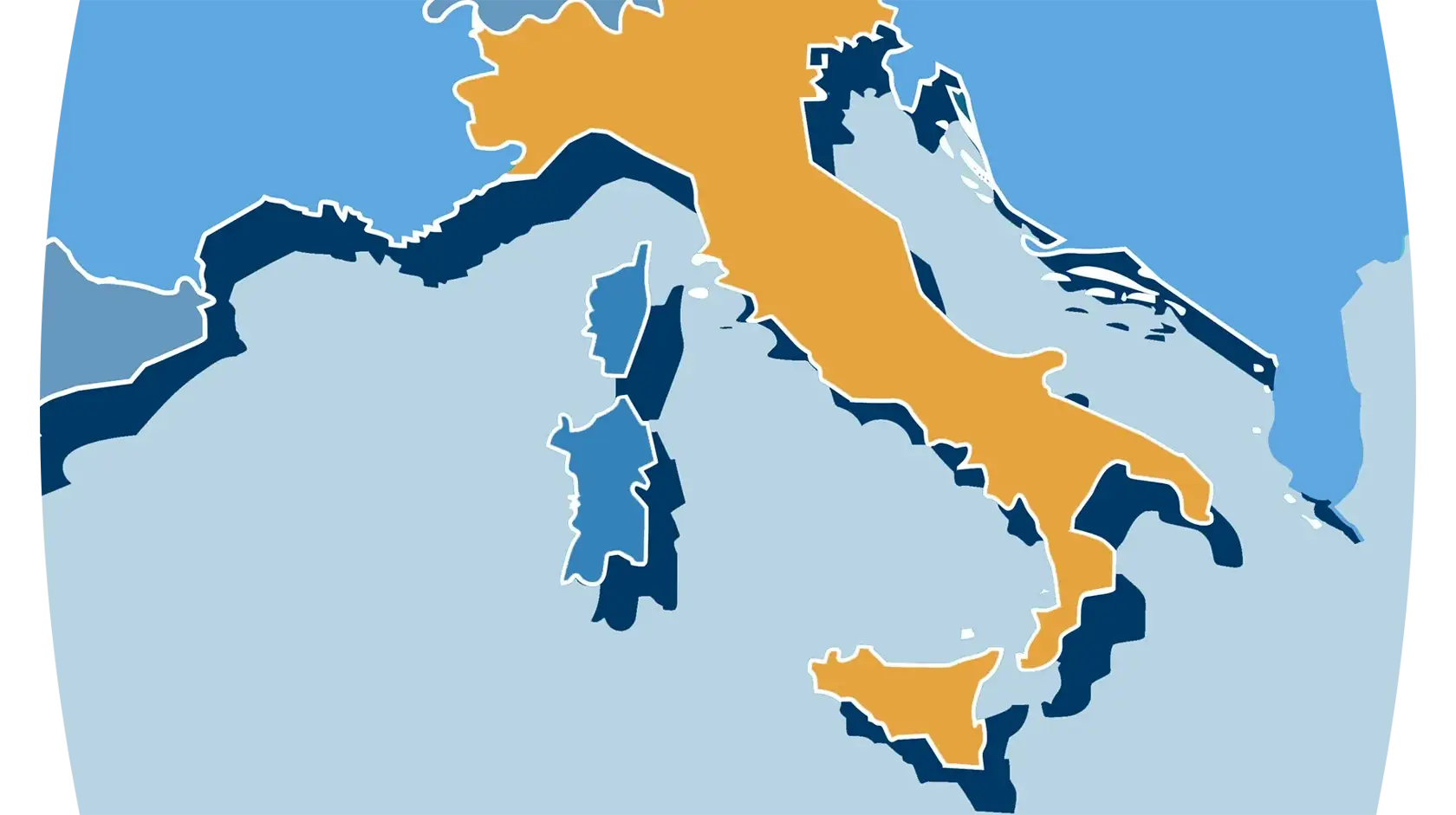 A stylized map featuring the contours of countries or regions in various shades of blue, orange, and white against a light blue background
