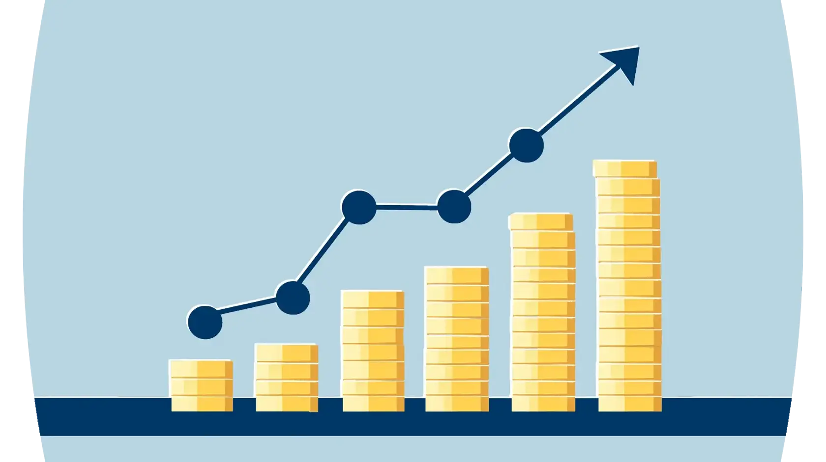 Illustration of coins stacked representing a positive graph with dark blue arrow following the graph rise against a light grey background