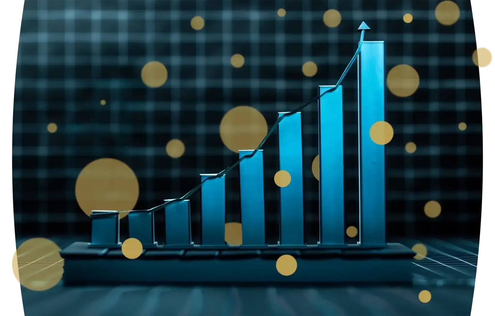 A 3D bar graph with increasing bars culminating in an upward-pointing arrow, set against a dark background with golden circles