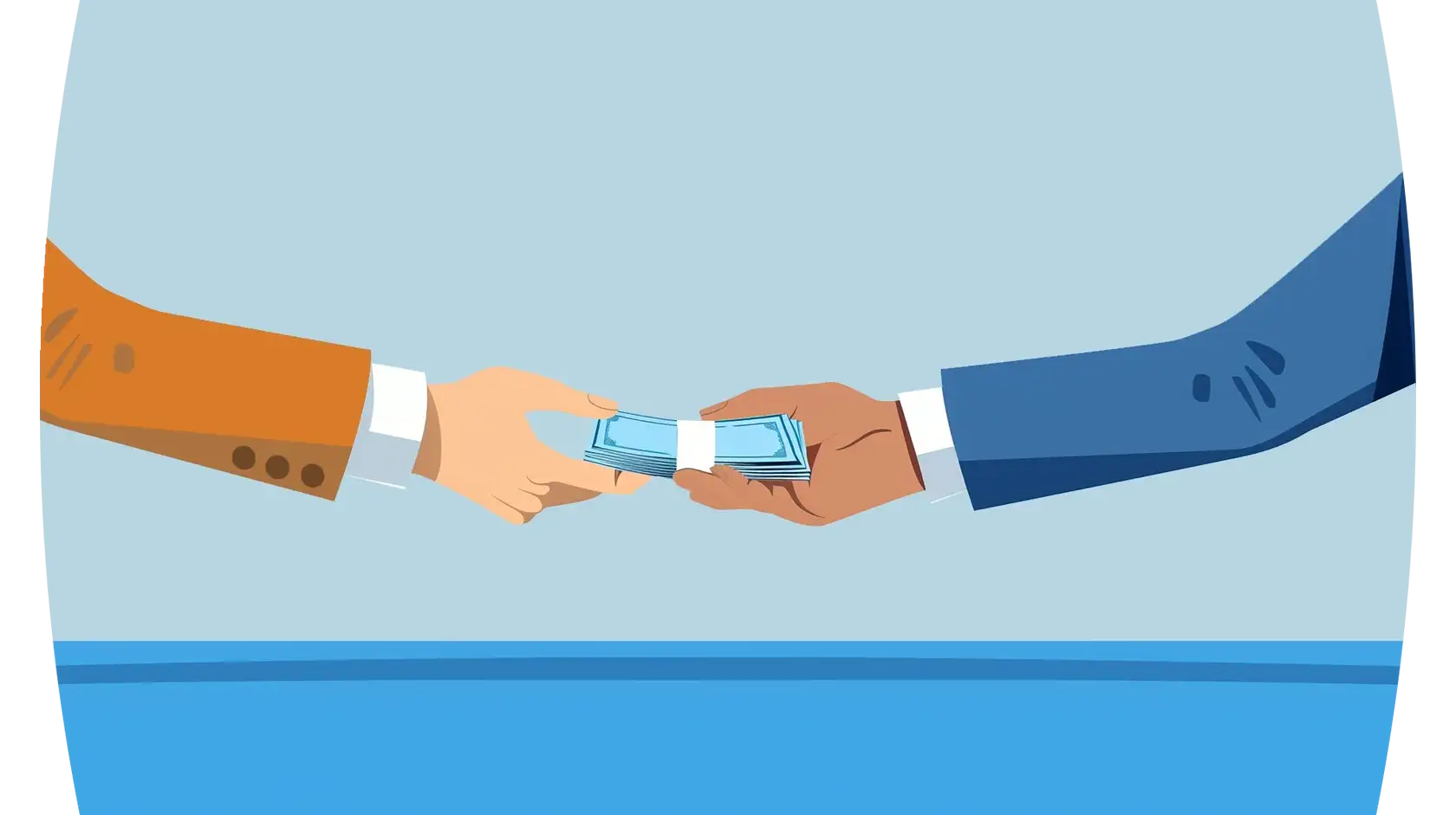 Illustration of two hands in a handshake, exchanging a stack of banknotes, against a gradient blue background