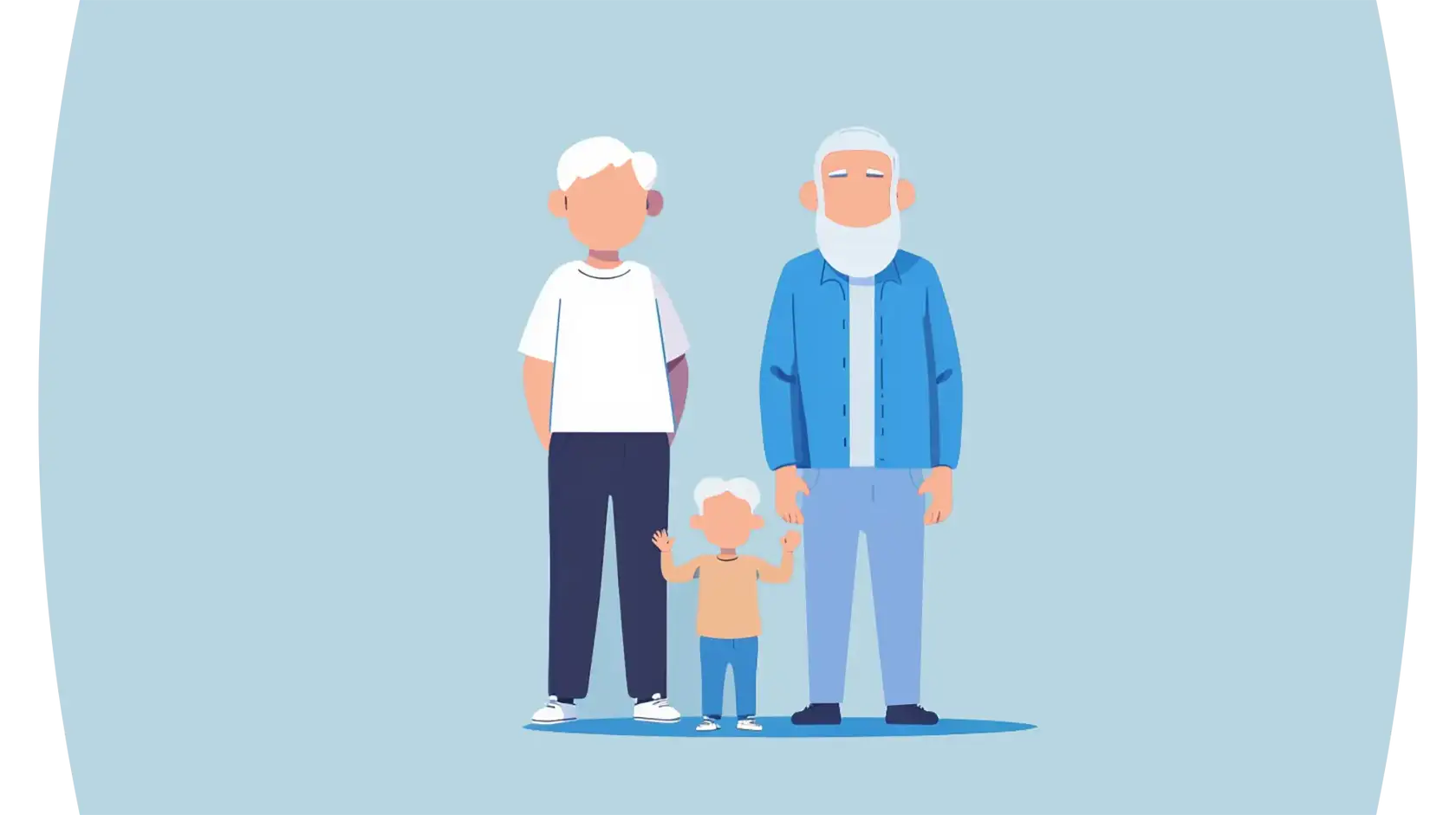 Illustration representing two grandparents and a grandchild in the middle against a grey background