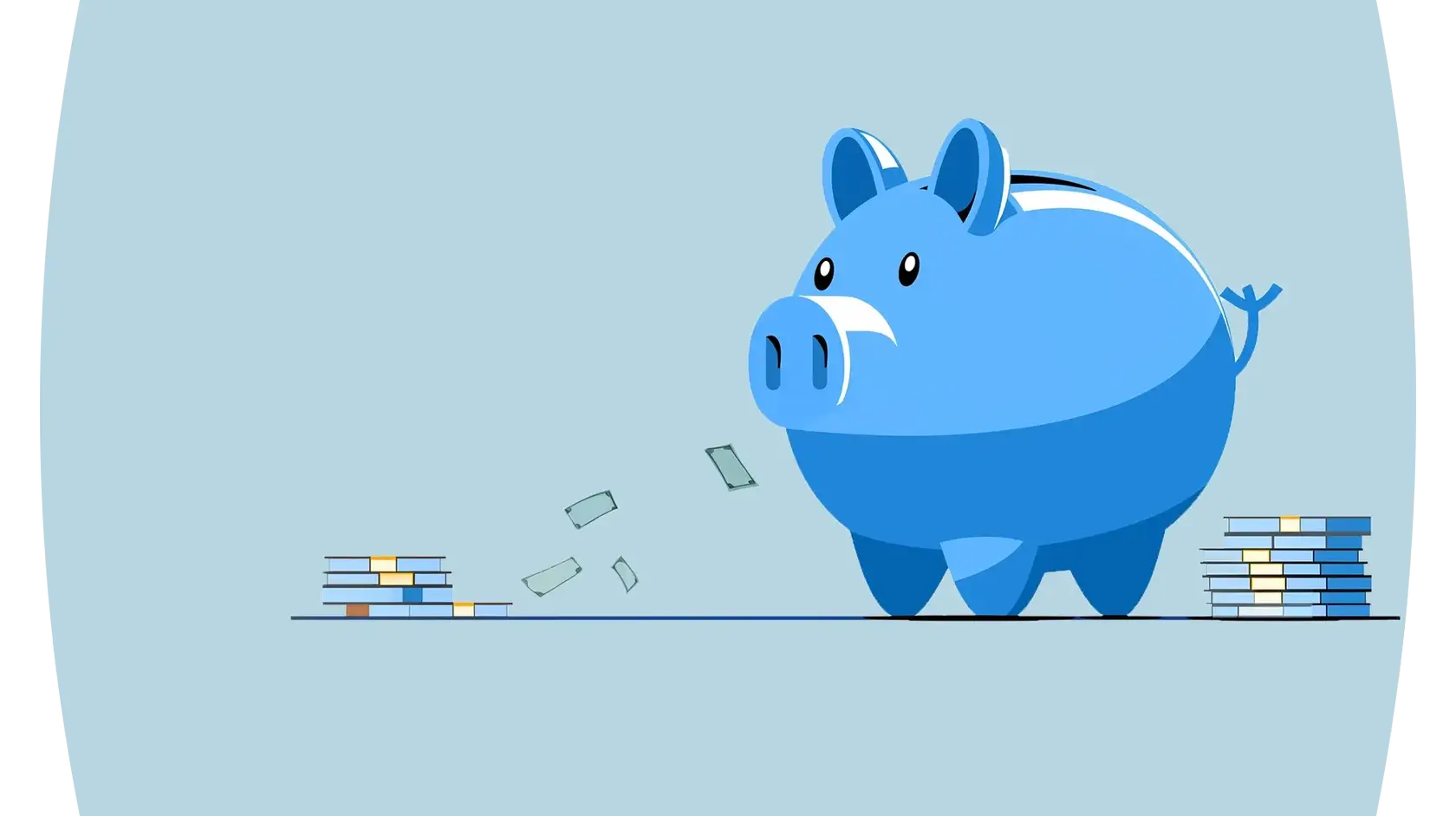Illustration of a piggy bank and few cash piles on a flat surface against a light blue background