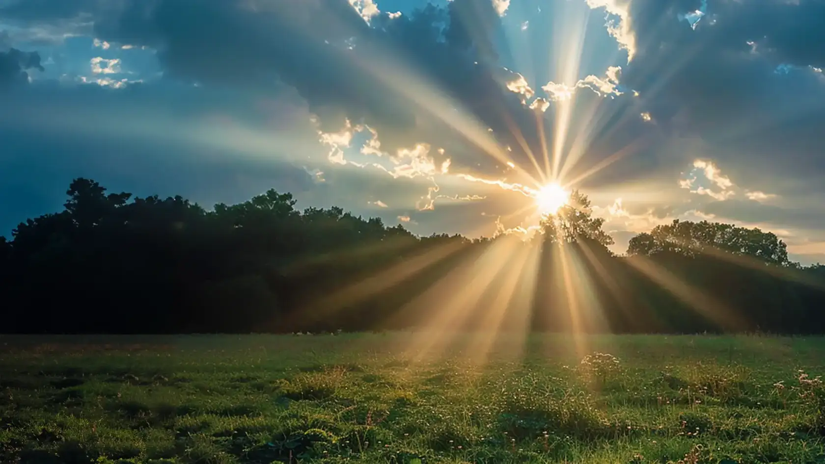 Landscape image with grass and trees with sunset lurking between clouds