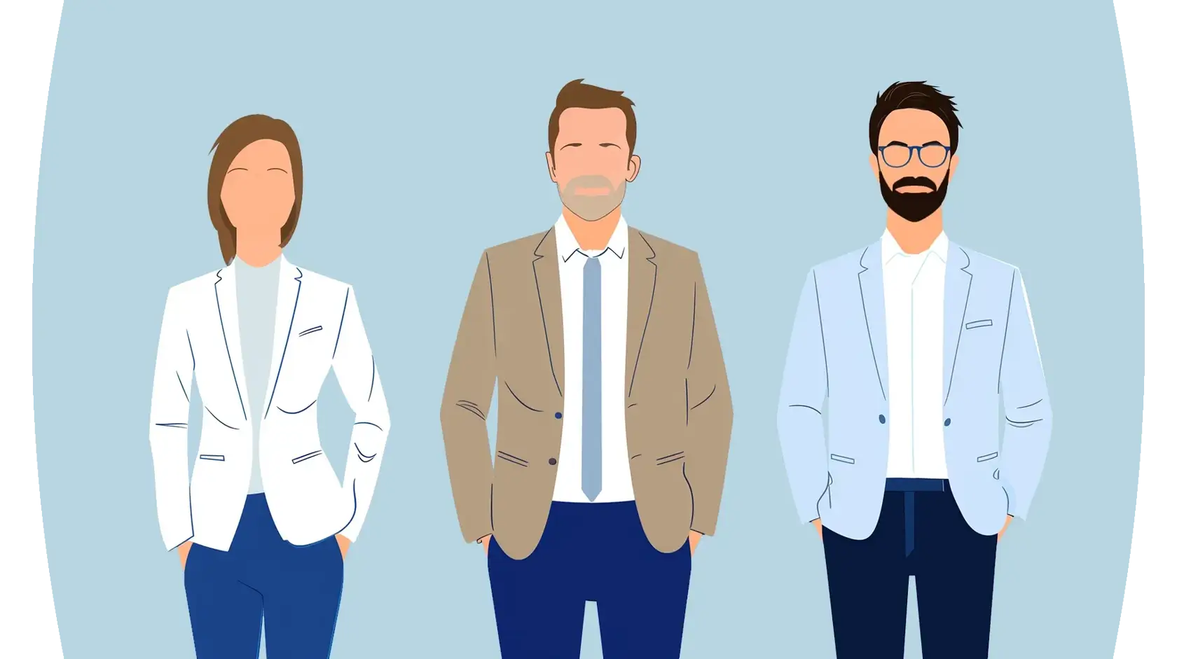 Illustration of three figures in professional attire, symbolizing collaboration and teamwork
