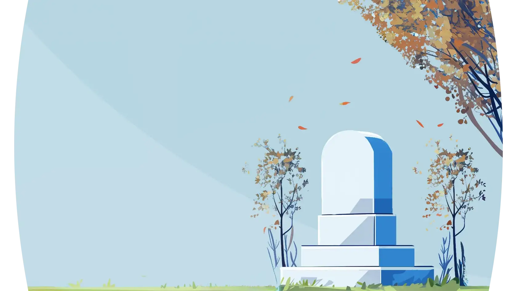 Illustration of a gravestone with few trees against a gradient blue background